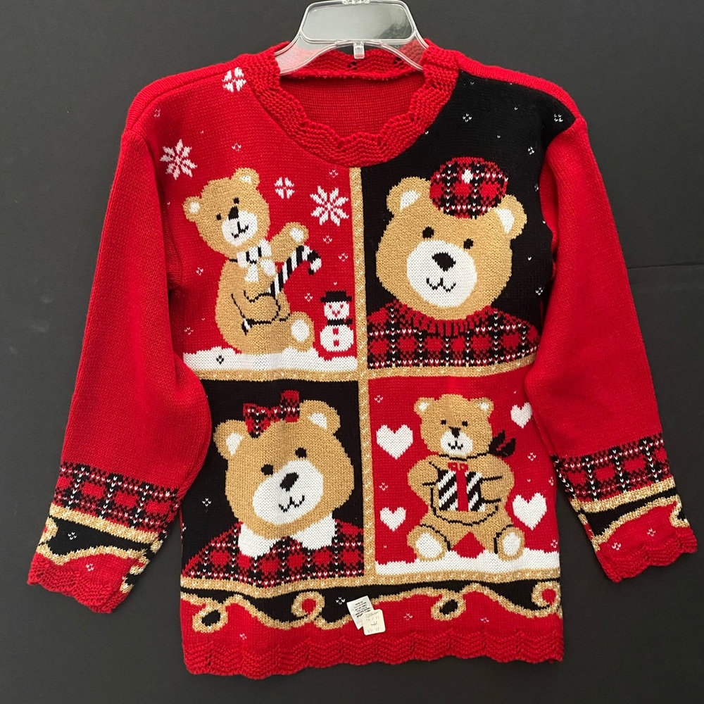 Christmas Teddy Bear Sweater Girl’s Vintage Holiday Ugly Sweater Acrylic Yarn